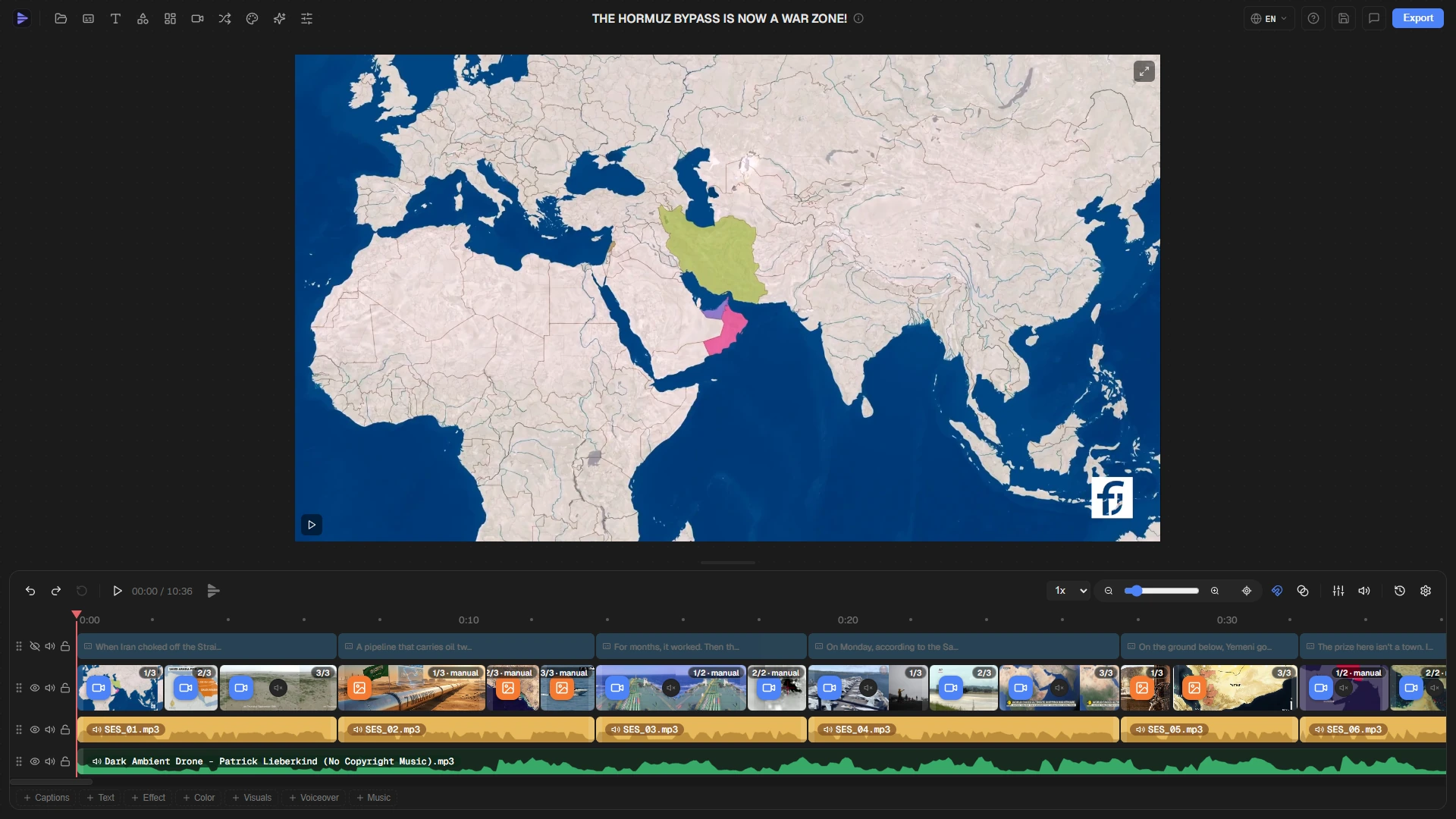The VidStudio editor: a map scene in the preview above a timeline of footage, narration and music tracks